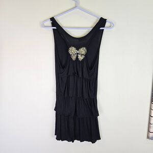 WET SEAL Y2K Beaded Butterfly Ruffled Black Tank Tunic OS